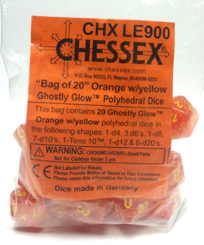 Chessex BULK Ghostly Glow Bag of 20 Polyhedral Orange/Yellow Dice