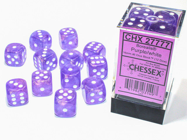 D6 Dice Borealis 16mm Purple/White (12 Dice in Display)