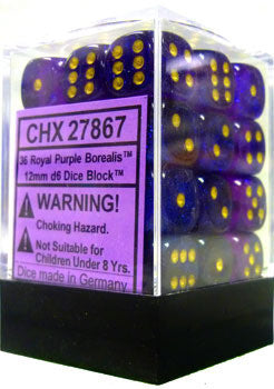 Chessex D6 Borealis 12mm d6 Royal Purple/gold Luminary Dice Block