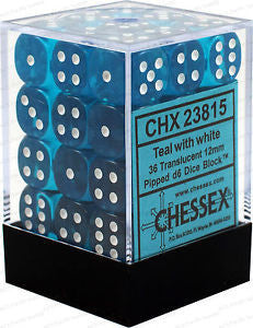 Chessex D6 Translucent 12mm d6 Teal/white Dice Block (36 dice)