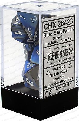 D7-Die Set Dice Gemini Polyhedral Blue-Steel/White (7 Dice in Display)