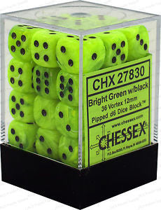 D6 Dice Vortex 12mm Bright Green/Black (36 Dice in Display)