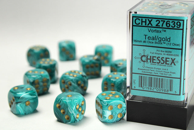 Chessex D6 DiceVortex 16mm d6 Teal/gold Dice Block (12 dice)