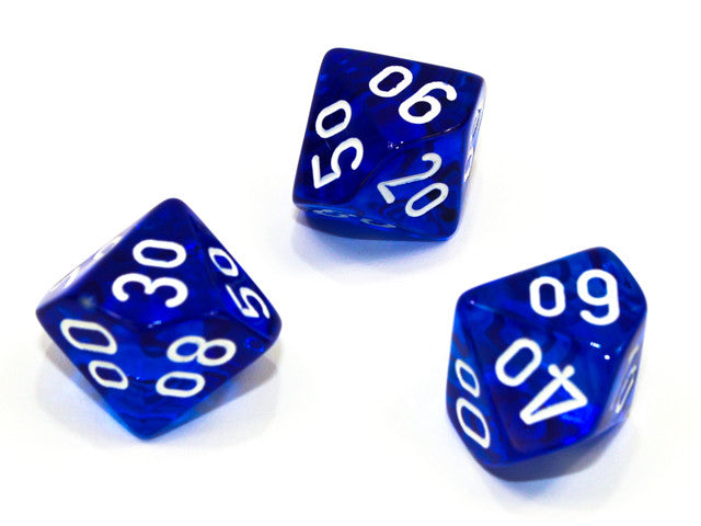 Chessex Tens 10 Dice Translucent Polyhedral Blue/white Tens 10