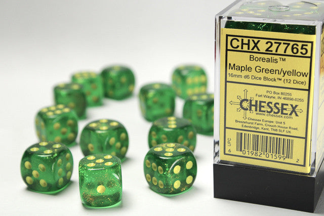 Chessex D6 Borealis 16mm d6 Maple Green/yellow Dice Block (12 dice)
