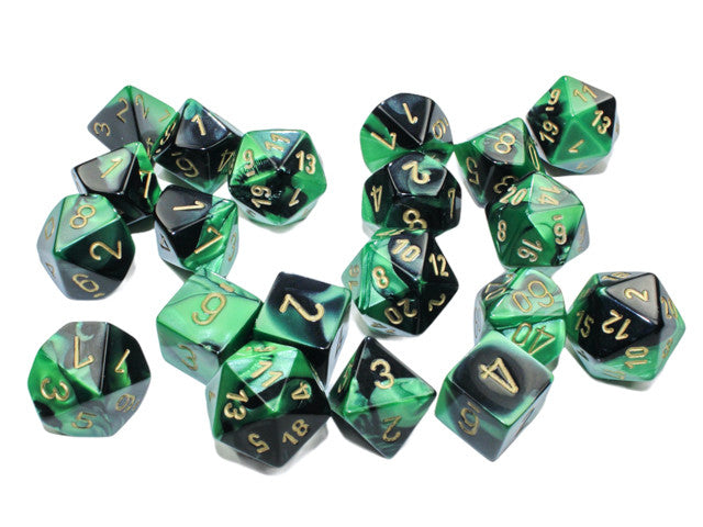 Chessex Gemini Bag of 20 Polyhedral Black-Green/gold Dice