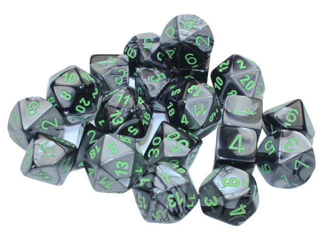 Chessex Gemini Bag of 20 Polyhedral Black-Grey w/green Dice
