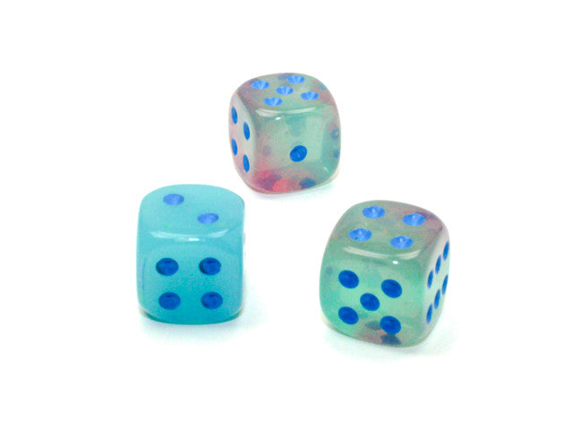 Chessex D6 Dice Gemini 12mm w/pips Gel Green-Pink/blue Luminary d6