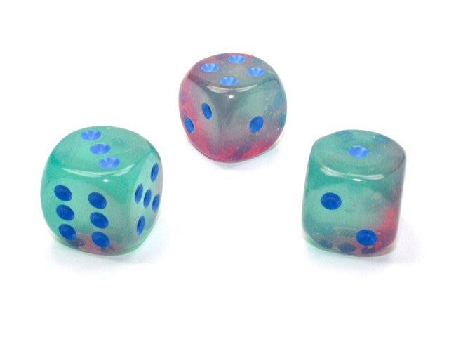 Chessex D6 Dice Gemini 16mm w/pips Gel Green-Pink/blue Luminary d6