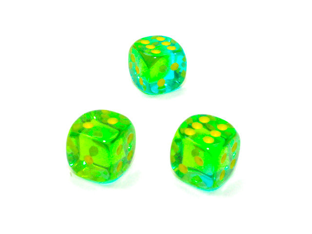 Chessex D6 Dice Gemini 12mm w/pips Translucent Green-Teal/yellow d6