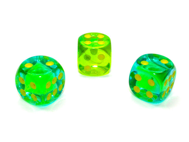 Chessex D6 Dice Gemini 16mm w/pips Translucent Green-Teal/yellow d6