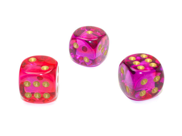 Chessex D6 Dice Gemini 16mm w/pips Translucent Red-Violet/gold d6