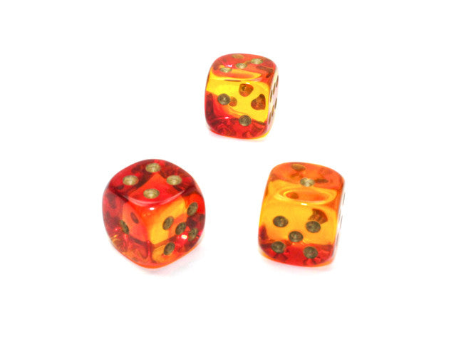 Chessex D6 Dice Gemini 12mm w/pips Translucent Red-Yellow/gold d6