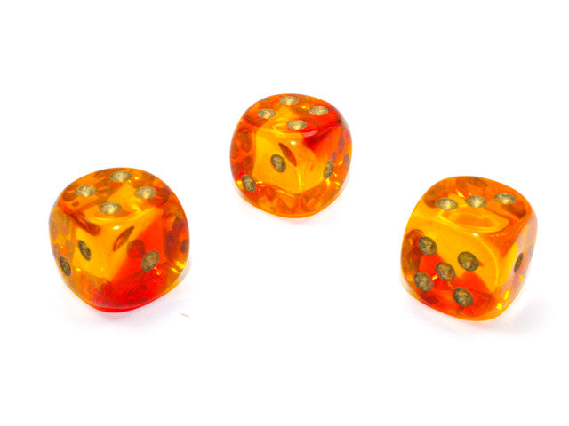 Chessex D6 Dice Gemini 16mm w/pips Translucent Red-Yellow/gold d6