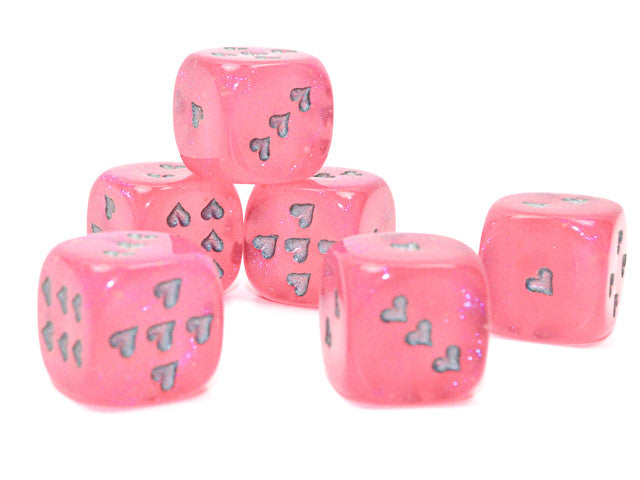 Chessex D6 Dice Heart 16mm Borealis Pink/silver w/pips Luminary d6