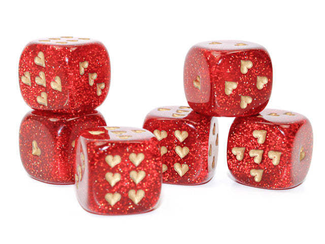 Chessex D6 Dice Heart 16mm Glitter Ruby red/gold w/pips d6