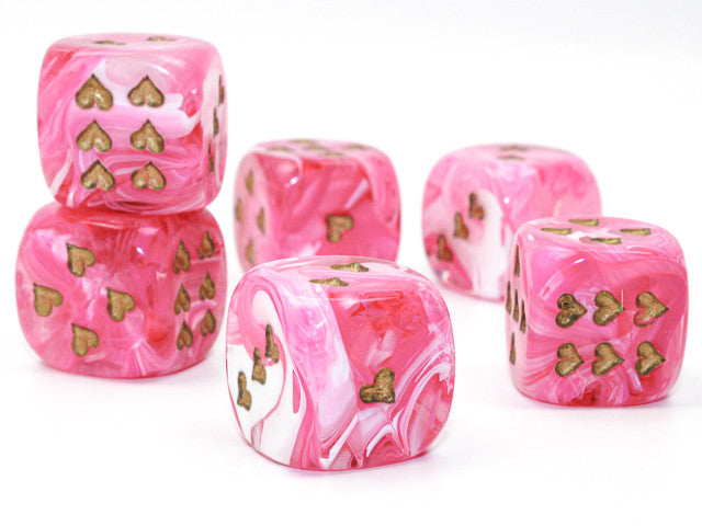 Chessex D6 Dice Heart 16mm Vortex Pink/gold w/pips d6