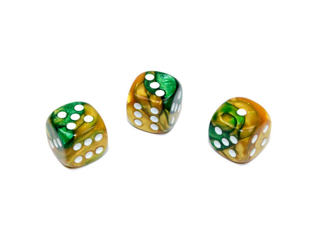 Chessex D6 Dice Gemini 12mm w/pips Gold-Green/white d6