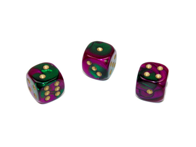 Chessex D6 Dice Gemini 12mm w/pips Green-Purple/gold d6