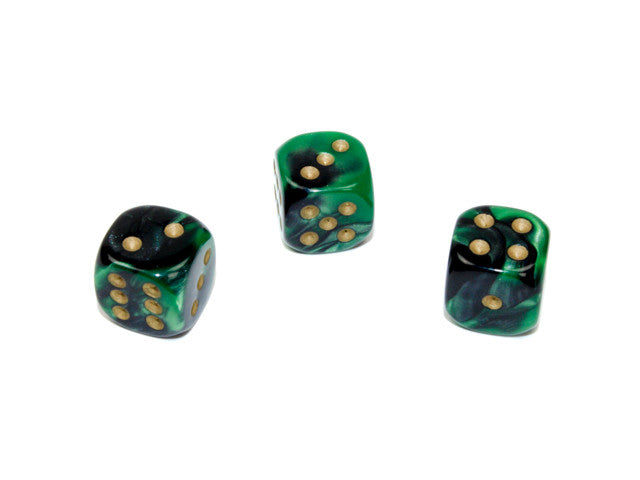 Chessex D6 Dice Gemini 12mm w/pips Black-Green/gold d6
