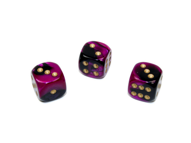 Chessex D6 Dice Gemini 12mm w/pips Black-Purple/gold d6