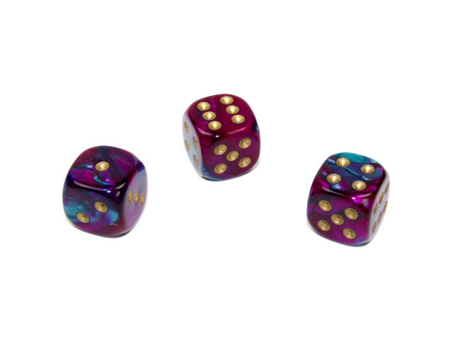 Chessex D6 Dice Gemini 12mm w/pips Purple-Teal/gold d6