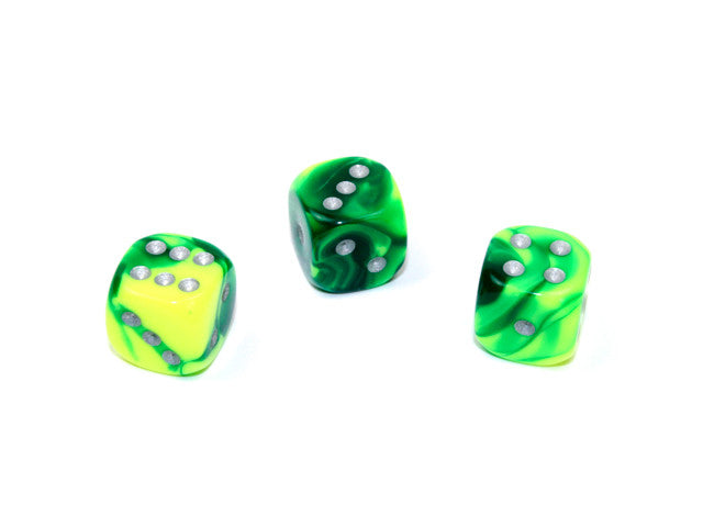 Chessex D6 Dice Gemini 12mm w/pips Green-Yellow/silver d6