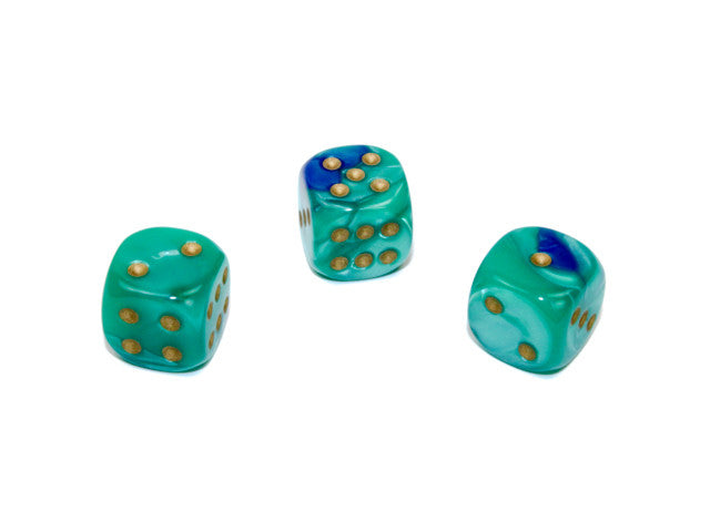 Chessex D6 Dice Gemini 12mm w/pips Blue-Teal/gold d6