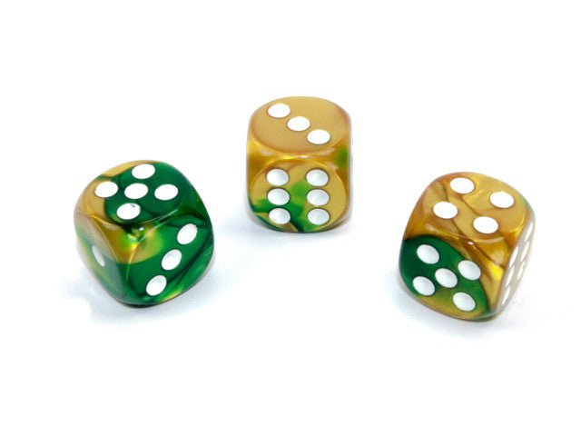 Chessex D6 Dice Gemini 16mm w/pips Gold-Green/white d6