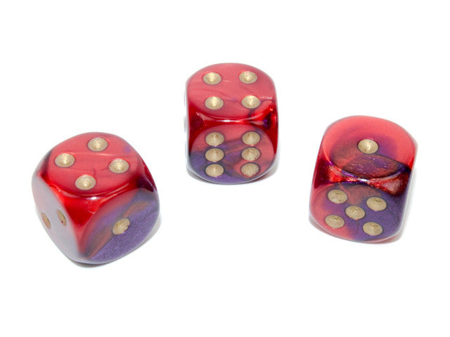 Chessex D6 Dice Gemini 16mm w/pips Purple-Red/gold d6