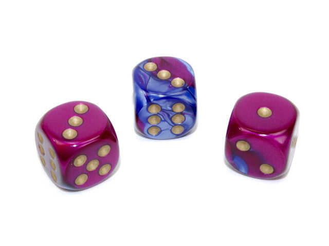 Chessex D6 Dice Gemini 16mm w/pips Blue-Purple/gold d6