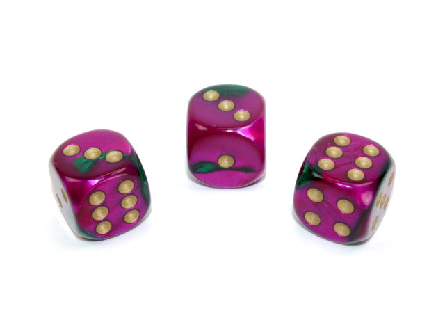 Chessex D6 Dice Gemini 16mm w/pips Green-Purple/gold d6