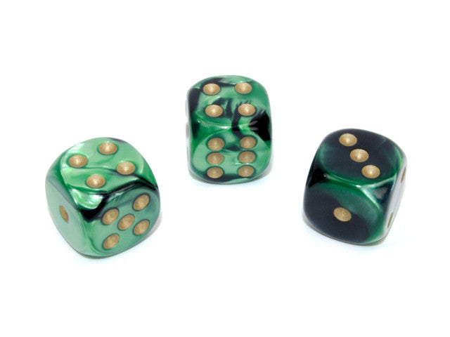 Chessex D6 Dice Gemini 16mm w/pips Black-Green/gold d6