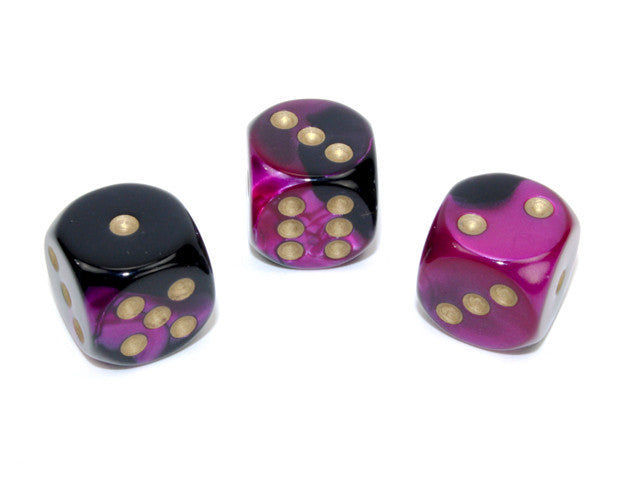 Chessex D6 Dice Gemini 16mm w/pips Black-Purple/gold d6
