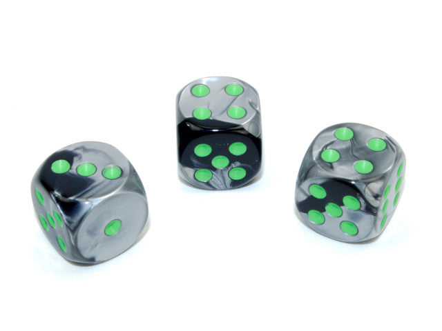 Chessex D6 Dice Gemini 16mm w/pips Black-Grey/green d6