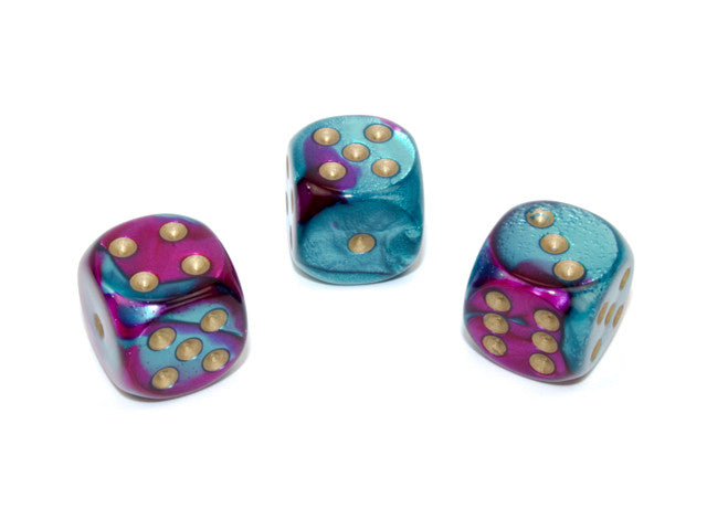 Chessex D6 Dice Gemini 16mm w/pips Purple-Teal gold d6