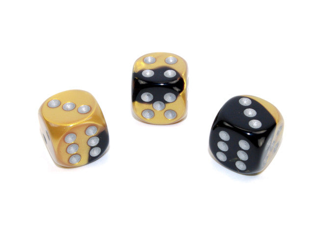 Chessex D6 Dice Gemini 16mm w/pips Black-Gold/silver d6