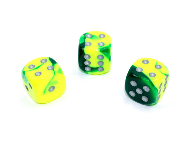 Chessex D6 Dice Gemini 16mm w/pips Green-Yellow/silver d6