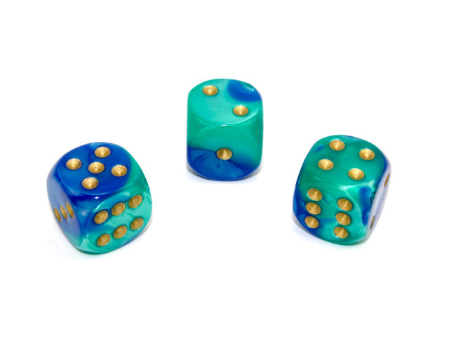 Chessex D6 Dice Gemini 16mm w/pips Blue-Teal w/gold d6