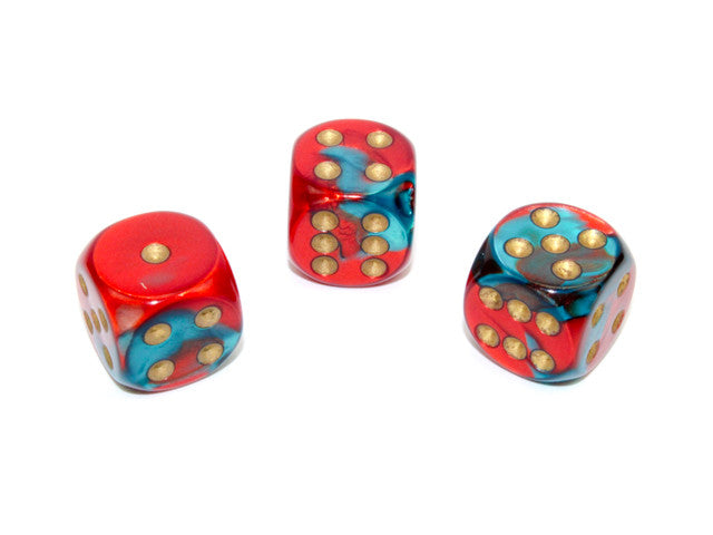 Chessex D6 Dice Gemini 16mm w/pips Red-Teal/gold d6