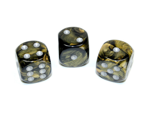 Chessex D6 Dice Leaf 16mm w/pips Black Gold/silver d6