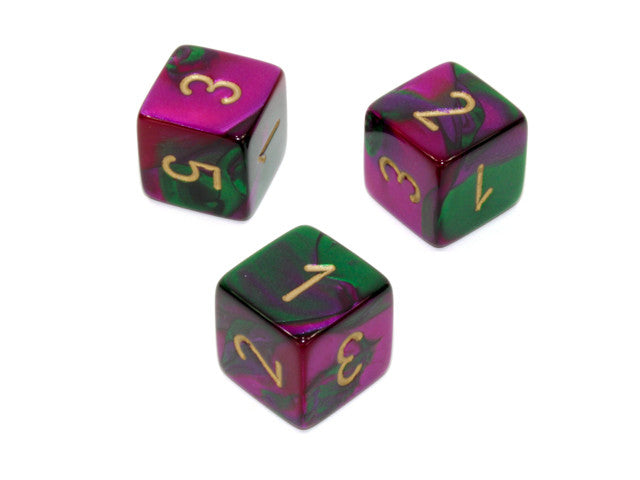 Chessex D6 Dice Gemini Polyhedral Green-Purple/gold d6 w/#s