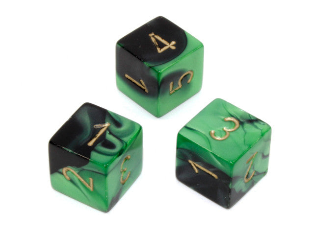 Chessex D6 Dice Gemini Polyhedral Black-Green/gold d6 w/#s