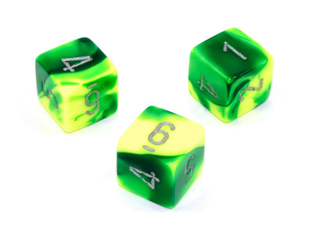 Chessex D6 Dice Gemini Polyhedral Green-Yellow/silver d6 w/#'s