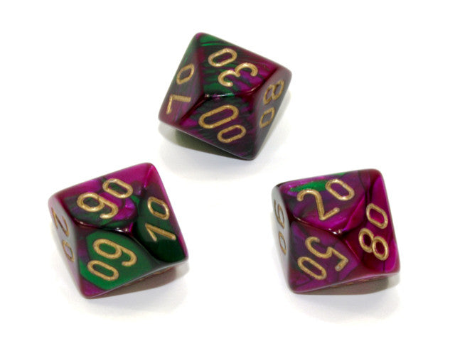 Chessex Tens 10 Dice Gemini Polyhedral Green-Purple/gold Tens 10