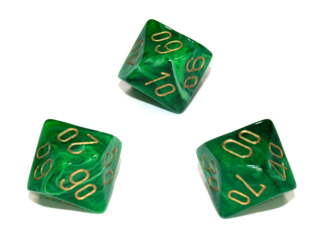 Chessex Tens 10 Dice Vortex Polyhedral Green/gold Tens 10