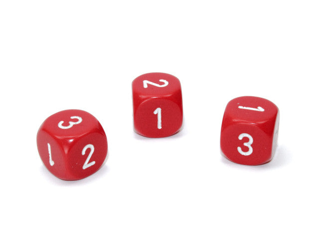 Chessex D3 Dice Opaque 16mm d3 (d6 w/ 1-2-3 twice) Red/white