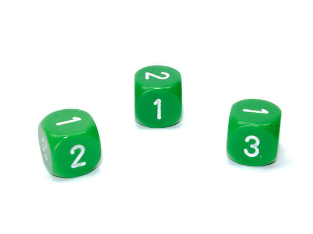 Chessex D3 Dice Opaque 16mm d3 (d6 w/ 1-2-3 twice) Green /white