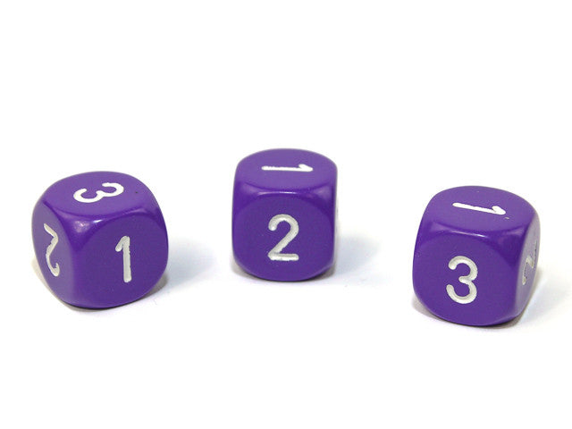 Chessex D3 Dice Opaque 16mm d3 (d6 w/ 1-2-3 twice) Purple/white